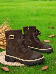 Women's Lace Up Combat Ankle Boots With Zipper And Lug Sole - Brown - View 7