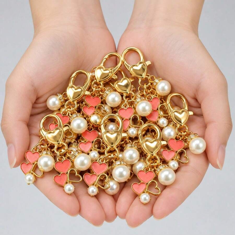 1pc/Multi-Piece Women's Alloy Oil-Drip Korean Style Heart-Shaped Faux Pearl Inlaid Pendant Keychain, Faux Pearl Inlaid Accessory, Minimalist Bag Charm, Wallet & Earphone Accessory - Multicolor - View 1