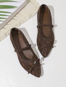 Pointed Toe Bow Preppy College Knot Flat Shoes For Office, Outdoor, Party, Beach, Holiday, All Seasons - Coffee Brown - View 1