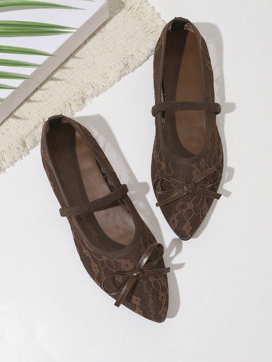 Pointed Toe Bow Preppy College Knot Flat Shoes For Office, Outdoor, Party, Beach, Holiday, All Seasons - Coffee Brown - View 1