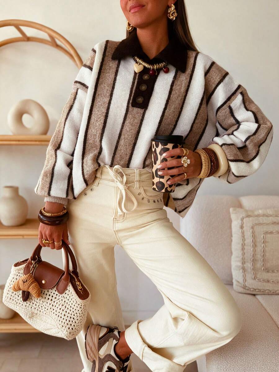 SEREN Women's New Polo Collar Striped Color-Block Knit Sweater, Vintage Loose Fit Versatile Long Sleeve Pullover, Suitable For Autumn/Winter - Light Khaki - View 1