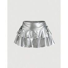 Women's Metallic Ruffle Tiered Mini Skirt High Waisted Drawstring Party Y2K Festival - Silver - View 2