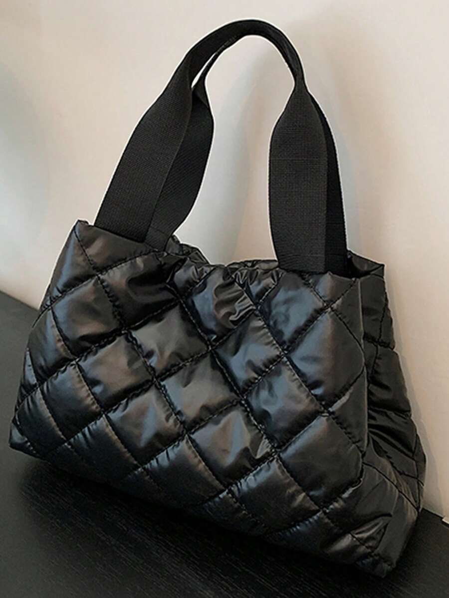 Ladies Glossy Puffer Tote Handbag, Rhombus Quilted Large Capacity Shoulder Bag, Lightweight Casual Shopping Bag - Multicolor - View 1