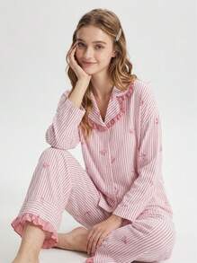 Aesletic 2pcs/Set Women's Loose Comfortable Breathable Bowknot Print Long Sleeve Top + Pants Cute Pajama Set - Pink - View 1