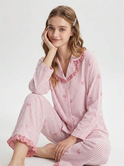 Aesletic 2pcs/Set Women's Loose Comfortable Breathable Bowknot Print Long Sleeve Top + Pants Cute Pajama Set