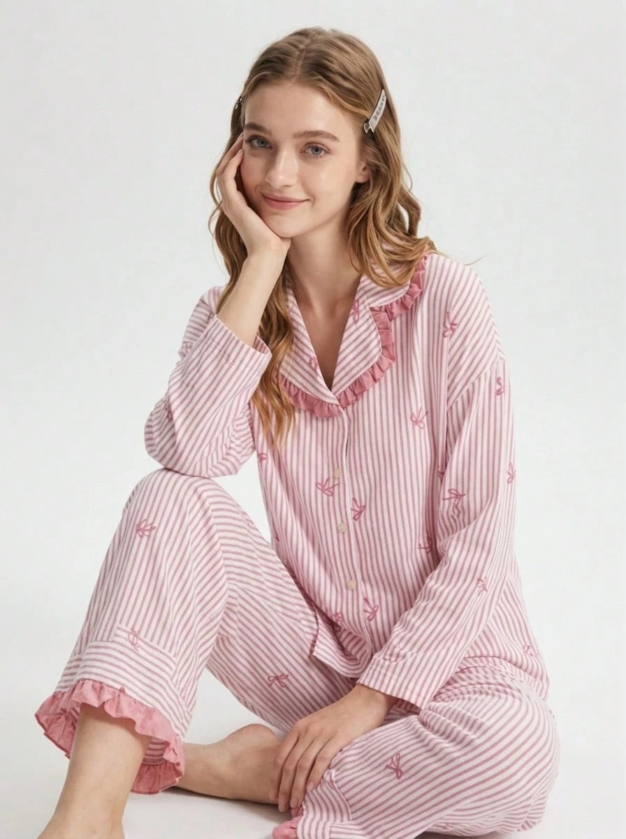 Aesletic 2pcs/Set Women's Loose Comfortable Breathable Bowknot Print Long Sleeve Top + Pants Cute Pajama Set - Pink - View 1