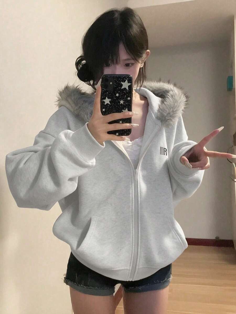 女款字母圖案毛絨拼接連帽休閒日常長袖運動衫