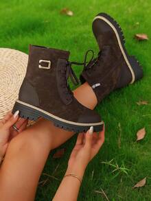 Women's Lace Up Combat Ankle Boots With Zipper And Lug Sole - Brown - View 2