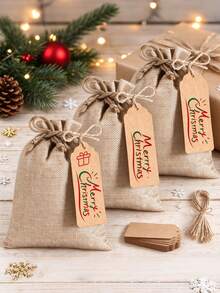2/20/40pcs Drawstring Cardboard & Linen Gift Bags, Reusable Party Favor Bags + Free Gift Tags And Ropes, Brown Linen Bags, Suitable For Weddings, Birthdays, Party Favors, Holiday Packaging, Jewelry Storage, DIY Handmade Sachets - Multicolor - View 10