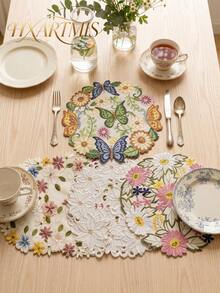 HXARTMIS 4pcs Elegant Embroidered Butterfly & Floral Pattern Round Placemats, Made Of Polyester, Suitable For Daily Home Use, Outdoor Picnics, Holiday Themed Decor And More - Multicolor - View 3