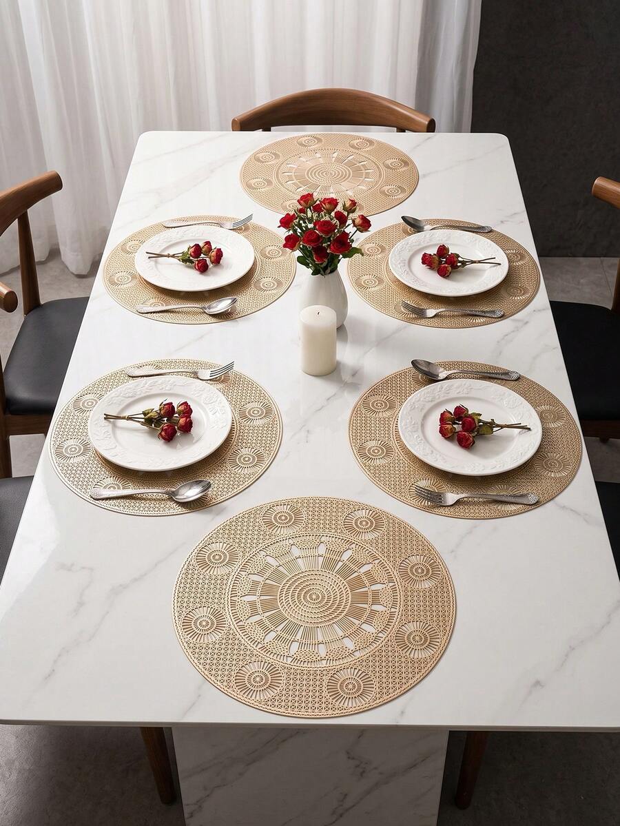 1-12pcs Sunflower Pattern Gold Placemats, European Luxury PVC Round Waterproof Oil-Proof Table Mats, Suitable For Weddings, Gatherings, Western Restaurants, Holiday Banquets - Multicolor - View 1