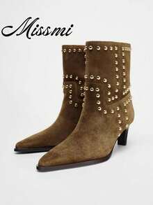 Fall/Winter 2025 New Women's Brown Suede Rivet Decor Pointed Toe Chunky Heel Short Booties,Western Boots,Kitten Heels - Brown - View 1