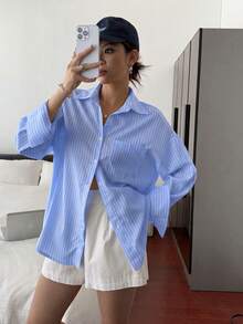 Vellofy Women's Autumn/Winter Blue Striped Button-Down Collar Long Sleeve Loose Shirt With Pockets, Suitable For Home Leisure, Daily Dating, Gatherings - Sky Blue - View 8
