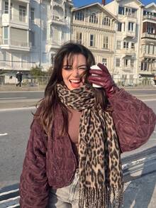1pc Retro Women's Leopard Print Fringe Scarf, Cool Street Style Thick And Soft Fringe Wrap, Suitable For Street Wear, Daily Outings And Outerwear Matching - Maillard Brown - View 1
