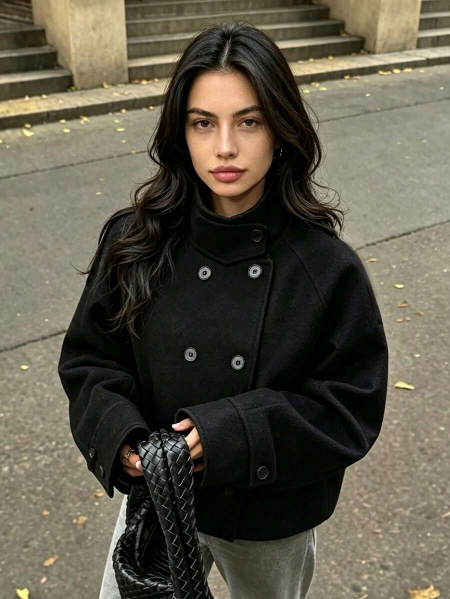 DEEKA Autumn/Winter New Women's European And American Style Fashion Minimalist Double-Breasted Overcoat - Black - View 1