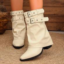 Women's Ankle Boots, Ruched Folded Western Style Boots, Pointed Toe Mid-Thick Heel, Double Metal Buckle Strap Design, Solid Color Fashion Boots, Autumn/Winter Daily Party Footwear - White - View 7
