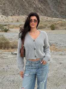 Fuzzy Cable Knit Button Front Sweater Cardigan, V Neck, Long Sleeves, Relaxed Cropped Fit, Soft Grey, Casual Fall Layering Top For Women - Grey - View 1