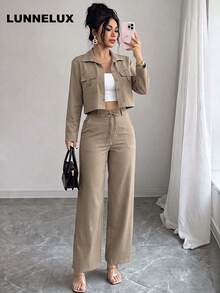 LUNNELUX Women Fall Khaki 2 Pieces Outfits, Lapel Pocket Cropped Jacket & High Waist Drawstring Wide Leg Pants, Casual Daily Streetwear Set - Khaki - View 10