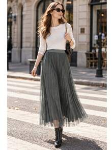 LuminousWealth Women's 2026 Autumn/Winter Elegant Pleated Mesh A-Line Skirt, Mid-Length Skirt, Suitable For Casual Or Office Wear, Simple And Elegant | Polyester Mesh Skirt, Suitable For All Seasons, Daily, Party, Women's Halloween Costume, Christmas - Dark Green - View 3