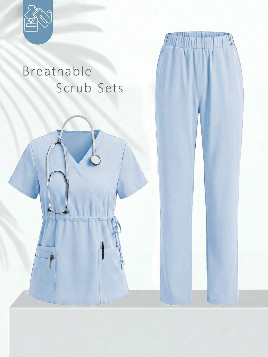 1 Set With Tie-Waist Short Sleeve Pocket Top And Elastic Waist Pants, Nursing Scrub Set Spring - Baby Blue - View 1