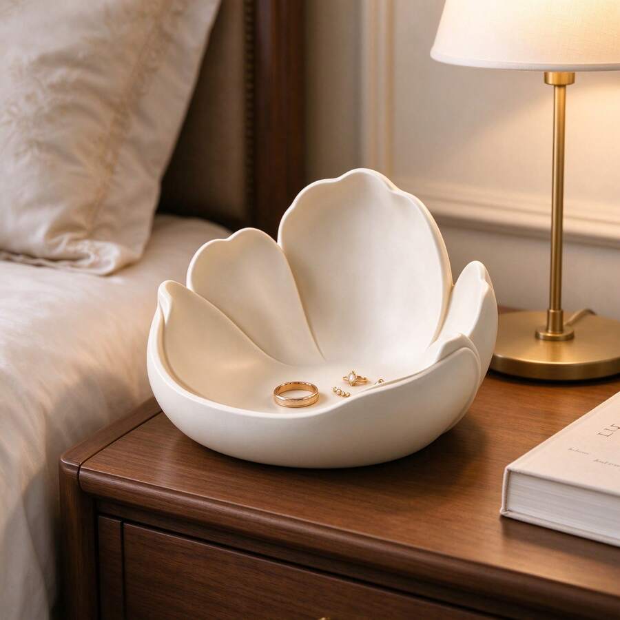 Gentle Petal 3D Printed Storage Tray, Minimalist Cream Style Jewelry Dish, Entryway Key & Small Accessory Organizer, Bedroom Desktop Creative Decor, Gift For Girls, Storage Plate - White - View 1