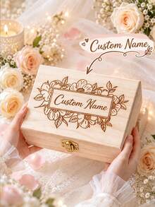 Personalized Floral Gift Box, Wooden Box, Engraved Flower Girl Gift, Multi-Functional Storage, Souvenir, Wedding Keepsake Box, Treasure Box, Personalized Bridal Party Birthday Gift, Baby Growth Keepsake Box, Baby Christening Gift, Christmas Eve Gift Box - Multicolor - View 2