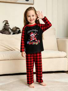Tween Girl Christmas Pajama Set 2pcs, Contrast Raglan Sleeve Design, Round Neck Blessing Words Santa Claus Gift Print Long Sleeve Top, Red & Black Plaid Pajama Pants, Holiday Loungewear Set, Christmas Gift - Multicolor - View 2