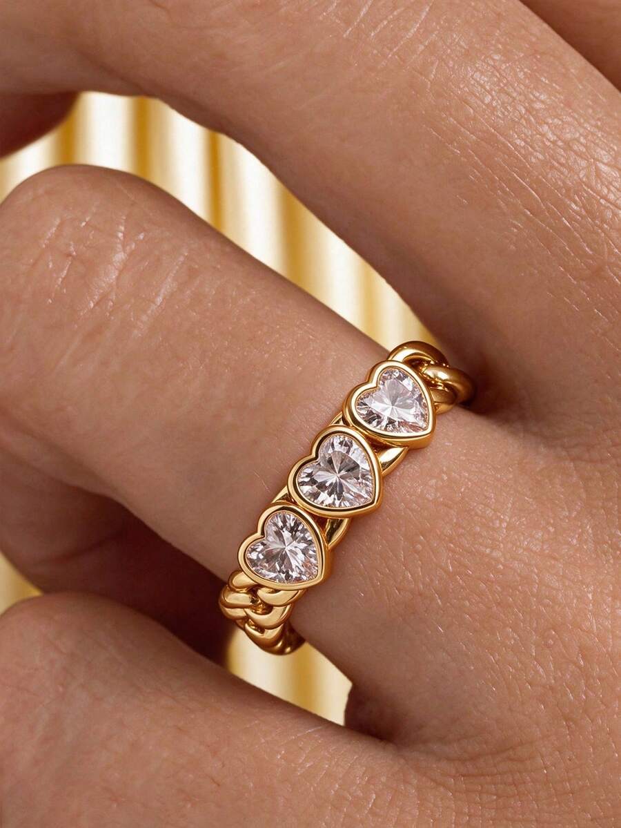 1pc 18K Gold Plated Luxury Diamond Ring, Vintage Multi-Heart Wrap Ring, Suitable For Women And Girls For Holidays, Parties, Daily Wear, Jewelry Gift - Yellow Gold - View 1