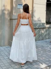 Vellofy Women's Autumn/Winter White Ruffle Camisole Top + Layered Long Skirt Two Pieces Set, Elastic Waist Home Casual Daily Date Party Outfit - White - View 6