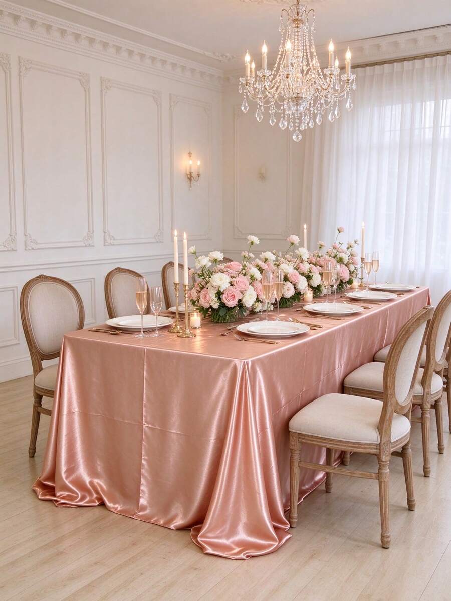 1pc Luxury Rose Gold Satin Rectangular Tablecloth, Wrinkle-Resistant Shiny Polyester Dining Tablecloth, Suitable For Wedding Banquet, Bridal Shower, Birthday Party And Romantic Home Decor - Rusty Rose - View 1