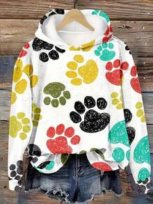 Plus Size Women's Full Print Colorful Graffiti Paw Print Drawstring Sweatshirt, Casual Long Sleeve Loose Fit Pullover Sweatshirt - Multicolor - View 2
