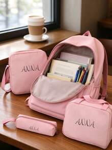 3pcs/4pcs Set, Backpack, Shoulder Bag, Crossbody Bag, Tote Bag, Clutch, Pencil Case, Nylon Material, Large Capacity, Solid Color, Contrast Color, Fashion Casual, Versatile Minimalist, Suitable For School, Work, Travel, Back To School, Graduation, Travel Essentials, Large Capacity, Unisex, Customizable Name, New Year Charm, Commuter Backpack, Anti-Theft - Pink - View 5
