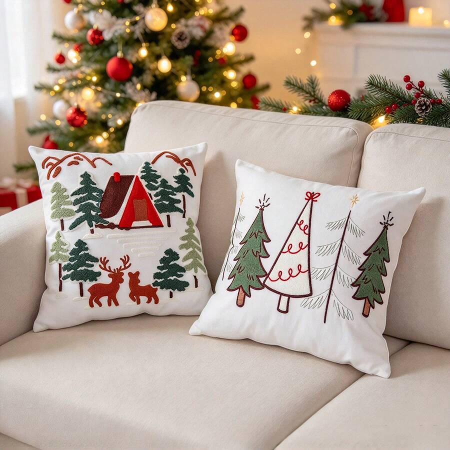 1pc Christmas Tree Embroidered Pillow Case, Winter Cabin Reindeer & Christmas Tree Embroidered Cushion Cover, Suitable For Sofa Bedroom Holiday Home Decor, Pillow Insert Not Included - Multicolor - View 1