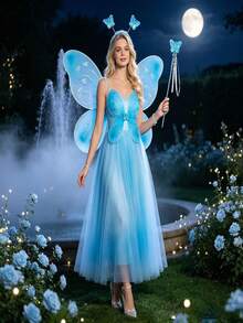 3pcs Cute Polyester Angel Butterfly Wings Set, Includes Headband And Magic Wand, Suitable For Party Supplies, Stage Performance Props, Cosplay Costume Accessories, Perfect For Dance, Halloween And Other Occasions - Multicolor - View 2