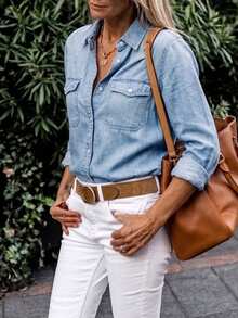 QIFXER New Fashionable Casual Solid Color Washed Denim Shirt - Suitable For School, Vacation, Daily Wear, All Season Spring - Light Wash - View 1