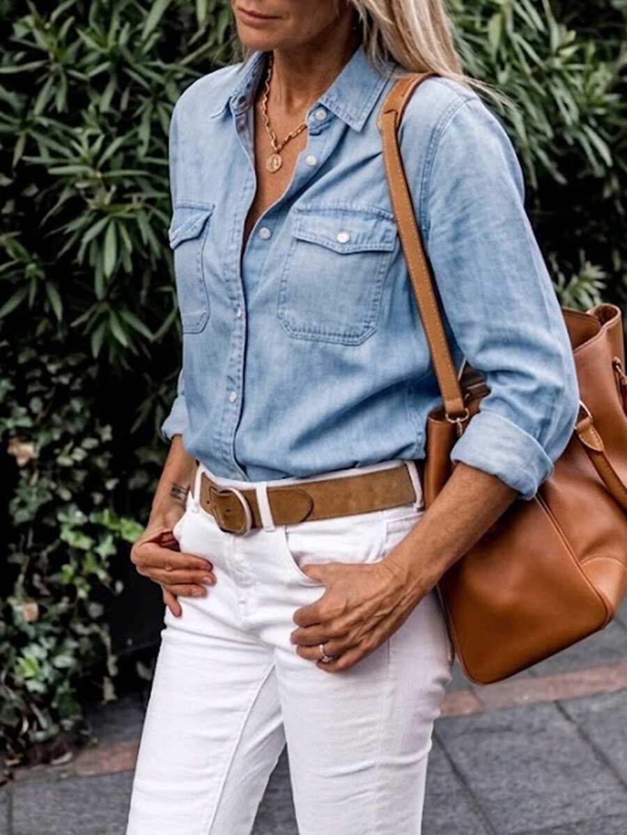 QIFXER New Fashionable Casual Solid Color Washed Denim Shirt - Suitable For School, Vacation, Daily Wear, All Season Spring - Light Wash - View 1