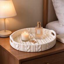 3D Printed Round Tray With Handle, Faux Knit Texture, Cream Style Desktop Aromatherapy Jewelry Storage Dish, INS Style Vanity Entryway Organizer, Home Decor Decorative Ornament - White - View 7