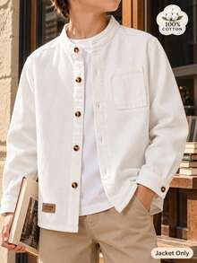 Boys' White Pure Cotton Long Sleeve Shirt Jacket Top, Suitable For Back To School, Daily Wear, Travel And Autumn - White - View 1