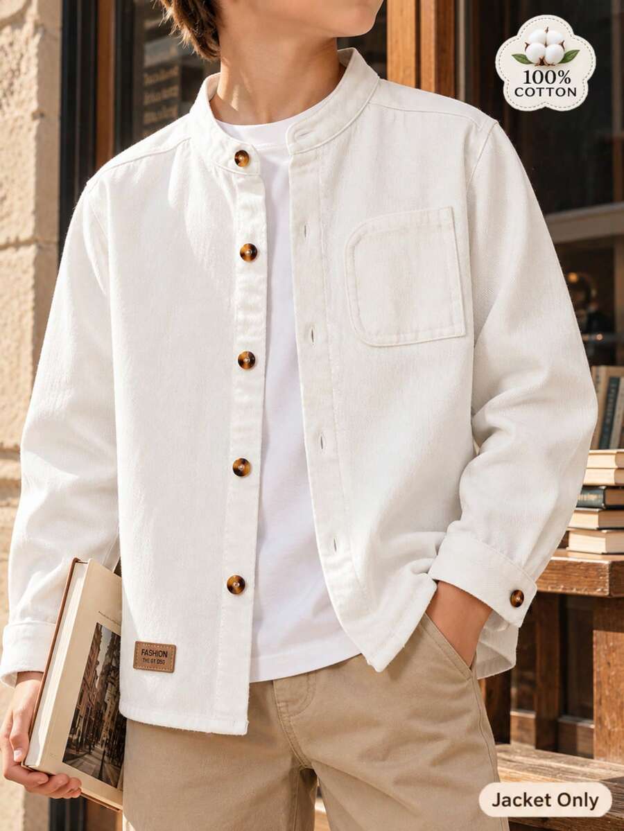 Boys' White Pure Cotton Long Sleeve Shirt Jacket Top, Suitable For Back To School, Daily Wear, Travel And Autumn - White - View 1