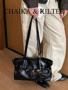 CHAIKA & KILTER 1件 PU布料托特包 女款復古時尚單肩包 雙手柄設計 拉鍊開合 飾帶裝飾 適合日常與街頭使用 - 黑色 - 查看 6