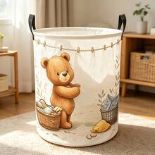 Cute Cartoon Teddy Bear Laundry Pattern Foldable Laundry Basket, Large-Capacity Round Storage Bin, Dirty Clothes Storage Box, Foldable Toy Organizer, Suitable For Bedroom And Home Decoration, Baby Shower Gift - Brown - View 1