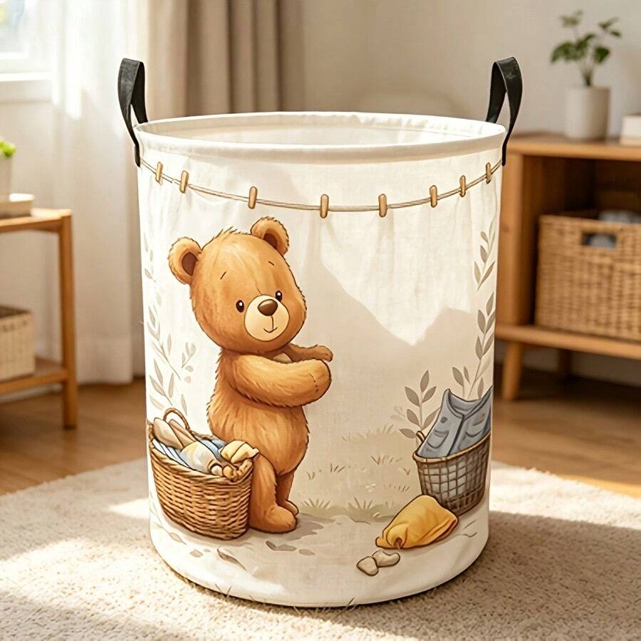 Cute Cartoon Teddy Bear Laundry Pattern Foldable Laundry Basket, Large-Capacity Round Storage Bin, Dirty Clothes Storage Box, Foldable Toy Organizer, Suitable For Bedroom And Home Decoration, Baby Shower Gift - Brown - View 1