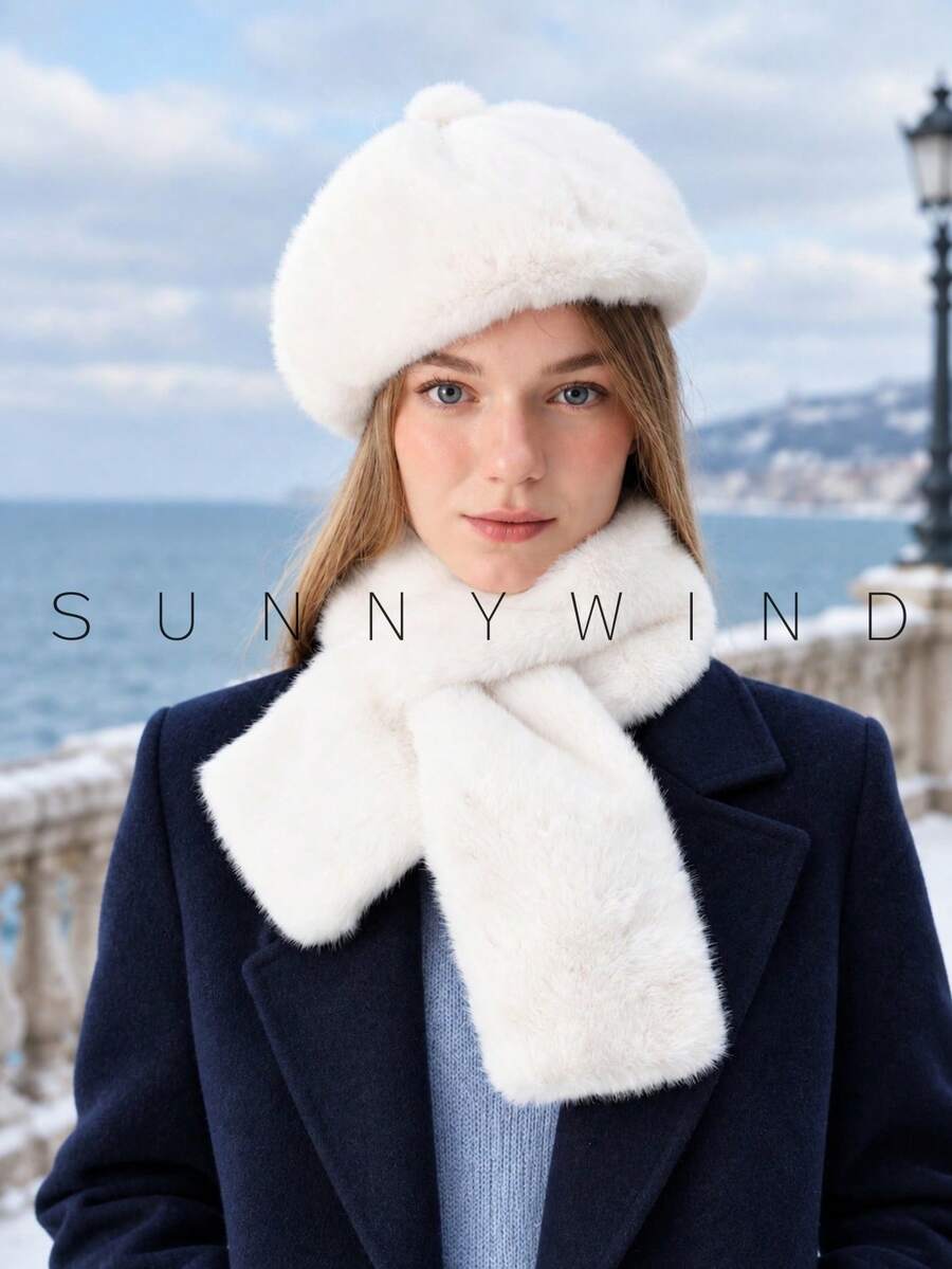 1 Set Women's Solid Color Faux Fur Sweet Casual Versatile Elegant Polyester Faux Fur Beret Hat & Scarf, Autumn/Winter Daily Wear - Milky White - View 1