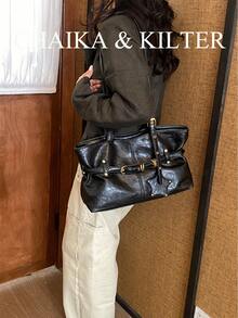CHAIKA & KILTER 1件 PU布料托特包 女款復古時尚單肩包 雙手柄設計 拉鍊開合 飾帶裝飾 適合日常與街頭使用 - 黑色 - 查看 8