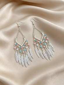 1 Pair Bohemian Vintage Water Drop Rhombus Hollow Feather Tassel Exaggerated Long Pendant Earrings, Personalized Style, Suitable For Daily Commute, Party, Gift - Tassel - View 2