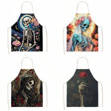 1pc Halloween Skull Floral Party Print Apron - Halter Neck Sleeveless Design, Decorated With Skull, Wavy Halo, Rose And Daisy Patterns, Suitable For Kitchen Cooking, Housework Cleaning And Halloween Party Use, Home Decor, Atmosphere Apron, Fun Home Daily Necessities, Joyful Holiday Gift - Multicolor - View 12