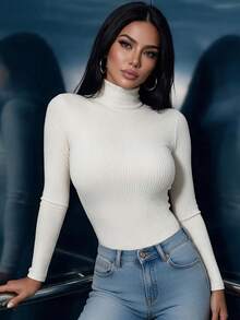 Women's Casual Ribbed Striped Turtleneck Long Sleeve Slim Fit T-Shirt, Suitable For Daily Wear, Autumn/Winter Top Set, Cute, Suitable For Outings, White - White - View 6