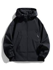 1pc Men's Solid Color Minimalist Hooded Jacket, Suitable For Daily Outings And City Commuting, Autumn/Winter Outerwear - Black - View 3