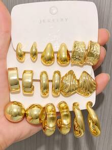 Set Anting Emas Statement 6-18 Buah, Anting Lingkaran Terbuka Tebal yang Lucu, Anting Tusuk, Perhiasan Emas, Anting untuk Wanita, Hadiah - Emas - View 1