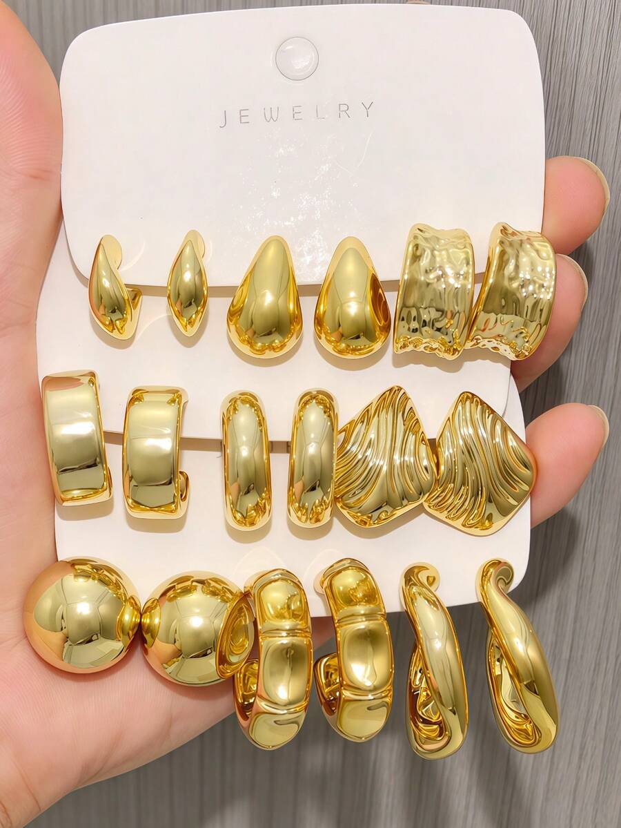 Set Anting Emas Statement 6-18 Buah, Anting Lingkaran Terbuka Tebal yang Lucu, Anting Tusuk, Perhiasan Emas, Anting untuk Wanita, Hadiah - Emas - View 1